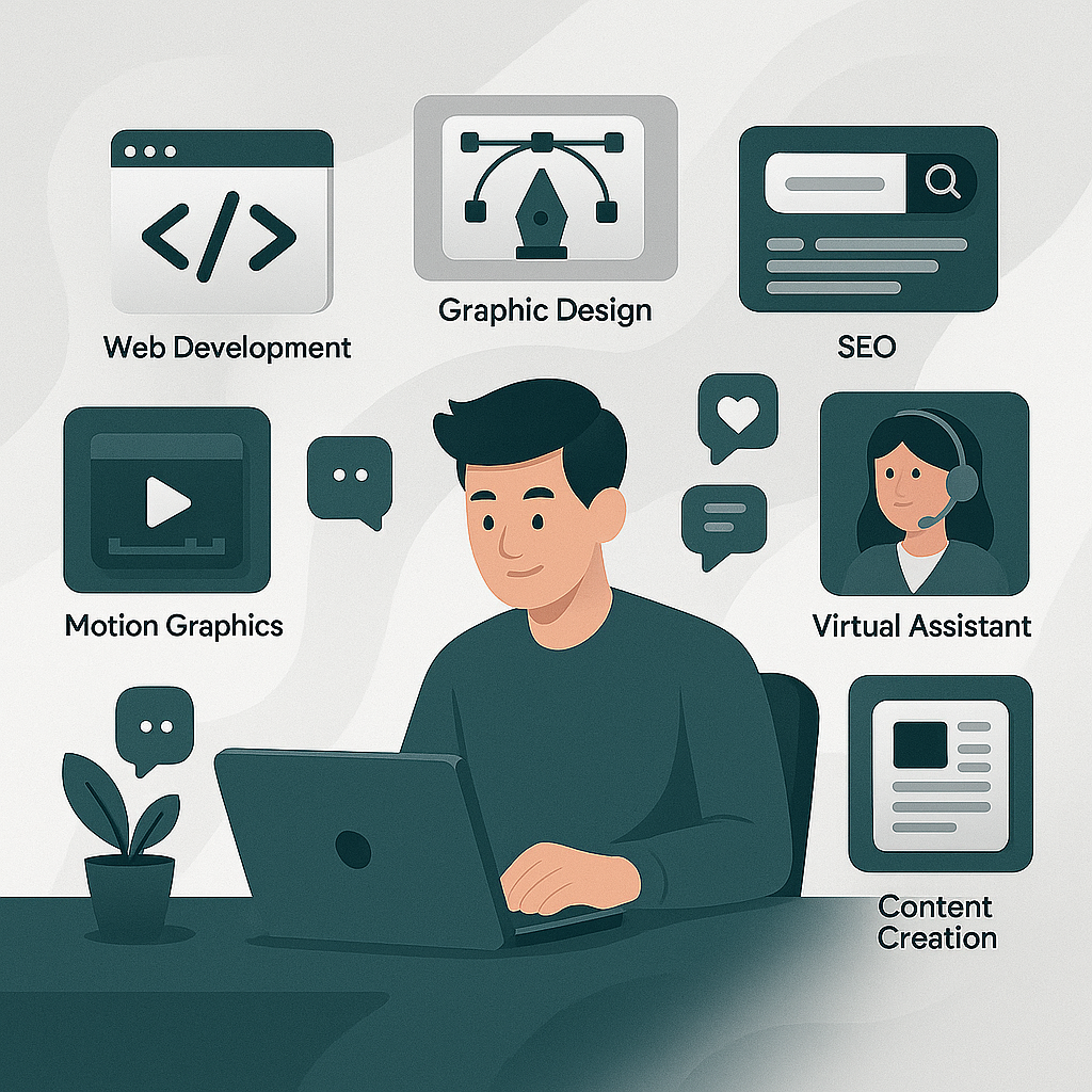 Illustration showing web development, graphic design, SEO, motion graphics, virtual assistant, and content creation services
